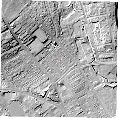 Shaded relief map of the ground around NN57AZ, computed from Environment Agency LiDAR. The ground here sits at about 64 m above sea level and falls 20 m across the surrounding 800 m. Surface water reaching this point runs off ground lying to the north, 1.6 m higher.
