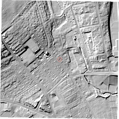 Shaded relief map of the ground around NN57BA, computed from Environment Agency LiDAR. The ground here sits at about 64 m above sea level and falls 21 m across the surrounding 800 m. Surface water reaching this point runs off ground lying to the north-west, 11.3 m higher.