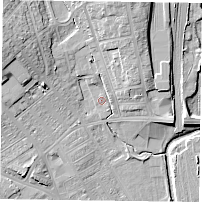 Shaded relief map of the ground around NN57BB, computed from Environment Agency LiDAR. The ground here sits at about 63 m above sea level and falls 17 m across the surrounding 800 m. Surface water reaching this point runs off ground lying to the north-east, 0.8 m higher.