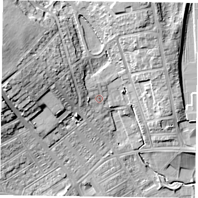 Shaded relief map of the ground around NN57BF, computed from Environment Agency LiDAR. The ground here sits at about 65 m above sea level and falls 21 m across the surrounding 800 m. Surface water reaching this point runs off ground lying to the north-west, 5.1 m higher.