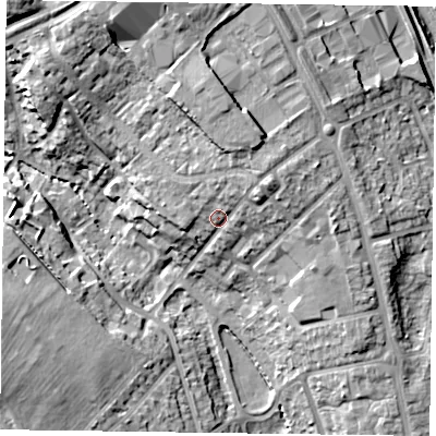 Shaded relief map of the ground around NN57BS, computed from Environment Agency LiDAR. The ground here sits at about 75 m above sea level and falls 19 m across the surrounding 800 m. Surface water reaching this point runs off ground lying to the north-east, 4.7 m higher.