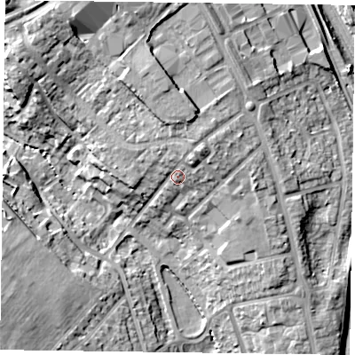 Shaded relief map of the ground around NN57BT, computed from Environment Agency LiDAR. The ground here sits at about 76 m above sea level and falls 21 m across the surrounding 800 m. Surface water reaching this point runs off ground lying to the north-east, 4.6 m higher.