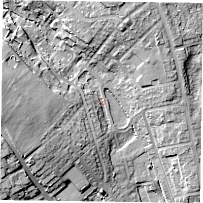 Shaded relief map of the ground around NN57BU, computed from Environment Agency LiDAR. The ground here sits at about 66 m above sea level and falls 19 m across the surrounding 800 m. Surface water reaching this point runs off ground lying to the west, 15.7 m higher.