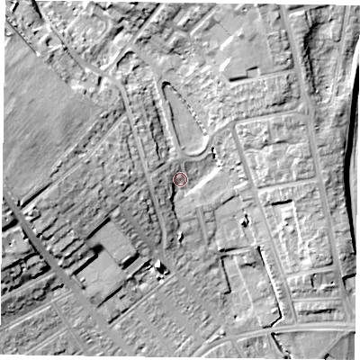 Shaded relief map of the ground around NN57BX, computed from Environment Agency LiDAR. The ground here sits at about 66 m above sea level and falls 20 m across the surrounding 800 m. Surface water reaching this point runs off ground lying to the west, 6.2 m higher.