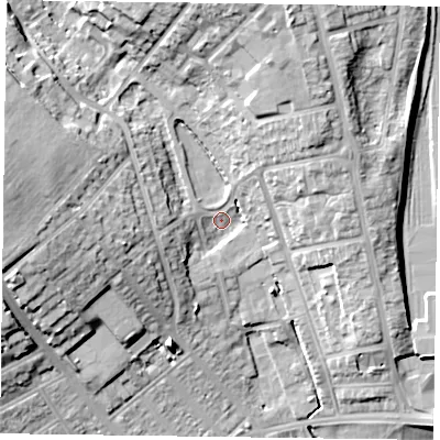 Shaded relief map of the ground around NN57BY, computed from Environment Agency LiDAR. The ground here sits at about 65 m above sea level and falls 19 m across the surrounding 800 m. Surface water reaching this point runs off ground lying to the west-north-west, 15.0 m higher.