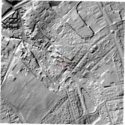 Shaded relief map of the ground around NN57DH, computed from Environment Agency LiDAR. The ground here sits at about 70 m above sea level and falls 21 m across the surrounding 800 m. Surface water reaching this point runs off ground lying to the north-east, 7.5 m higher.