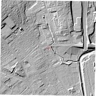 Shaded relief map of the ground around NN57DP, computed from Environment Agency LiDAR. The ground here sits at about 61 m above sea level and falls 17 m across the surrounding 800 m. Surface water reaching this point runs off ground lying to the north-west, 14.4 m higher.