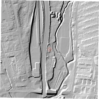 Shaded relief map of the ground around NN57DU, computed from Environment Agency LiDAR. The ground here sits at about 62 m above sea level and falls 20 m across the surrounding 800 m. Surface water reaching this point runs off ground lying to the north, 3.7 m higher.