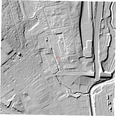 Shaded relief map of the ground around NN57DY, computed from Environment Agency LiDAR. The ground here sits at about 65 m above sea level and falls 17 m across the surrounding 800 m. Surface water reaching this point runs off ground lying to the north-north-east, 6.7 m higher.