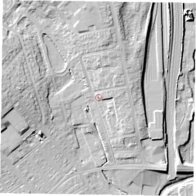 Shaded relief map of the ground around NN57EA, computed from Environment Agency LiDAR. The ground here sits at about 67 m above sea level and falls 19 m across the surrounding 800 m. Surface water reaching this point runs off ground lying to the north, 10.9 m higher.