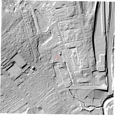 Shaded relief map of the ground around NN57ET, computed from Environment Agency LiDAR. The ground here sits at about 64 m above sea level and falls 19 m across the surrounding 800 m. Surface water reaching this point runs off ground lying to the west-north-west, 11.9 m higher.