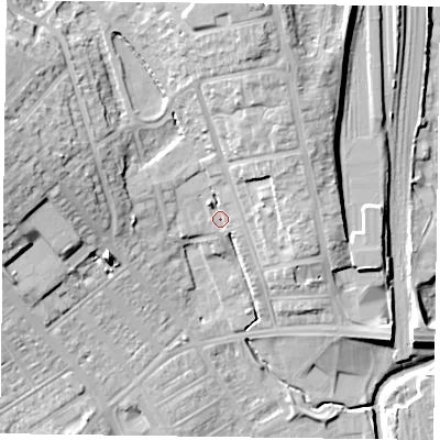 Shaded relief map of the ground around NN57FB, computed from Environment Agency LiDAR. The ground here sits at about 64 m above sea level and falls 18 m across the surrounding 800 m. Surface water reaching this point runs off ground lying to the north, 11.6 m higher.