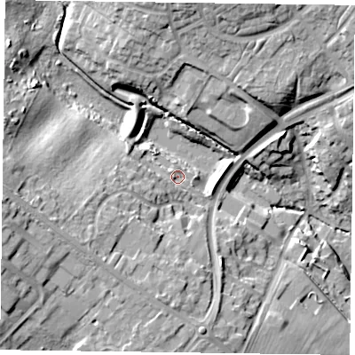 Shaded relief map of the ground around NN57FG, computed from Environment Agency LiDAR. The ground here sits at about 77 m above sea level and falls 25 m across the surrounding 800 m. Surface water reaching this point runs off ground lying to the west-south-west, 4.3 m higher.