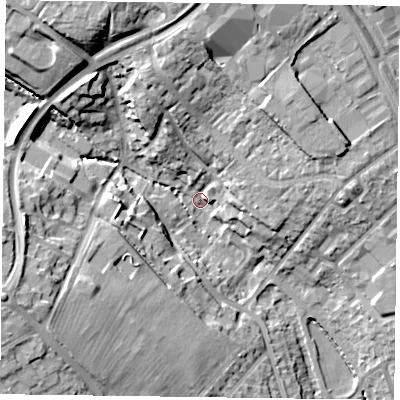 Shaded relief map of the ground around NN57HL, computed from Environment Agency LiDAR. The ground here sits at about 67 m above sea level and falls 23 m across the surrounding 800 m. Surface water reaching this point runs off ground lying to the west-south-west, 21.2 m higher.