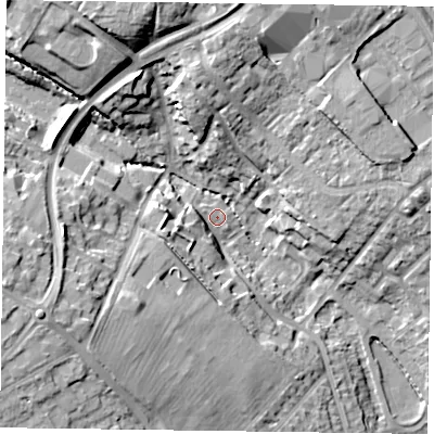 Shaded relief map of the ground around NN57HN, computed from Environment Agency LiDAR. The ground here sits at about 68 m above sea level and falls 23 m across the surrounding 800 m. Surface water reaching this point runs off ground lying to the west-south-west, 7.1 m higher.
