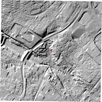 Shaded relief map of the ground around NN57HP, computed from Environment Agency LiDAR. The ground here sits at about 71 m above sea level and falls 25 m across the surrounding 800 m. Surface water reaching this point runs off ground lying to the north-north-west, 19.8 m higher.