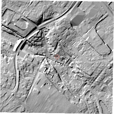 Shaded relief map of the ground around NN57HW, computed from Environment Agency LiDAR. The ground here sits at about 69 m above sea level and falls 23 m across the surrounding 800 m. Surface water reaching this point runs off ground lying to the north-north-east, 7.9 m higher.
