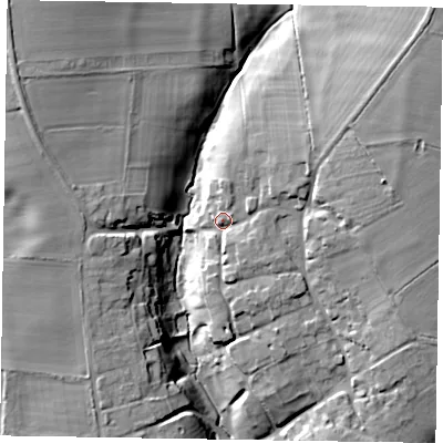 Shaded relief map of the ground around NN60DW, computed from Environment Agency LiDAR. The ground here sits at about 102 m above sea level and falls 22 m across the surrounding 800 m. Surface water reaching this point runs off ground lying to the south-east, 4.8 m higher.