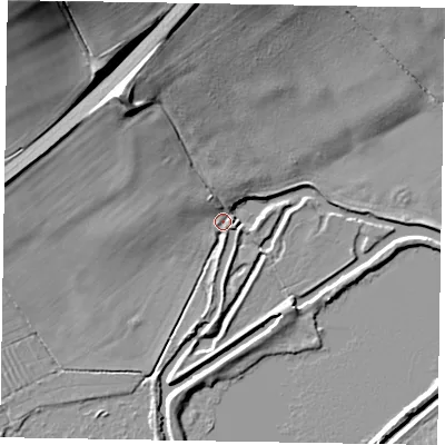 Shaded relief map of the ground around NN60NR, computed from Environment Agency LiDAR. The ground here sits at about 46 m above sea level and falls 24 m across the surrounding 800 m. Surface water reaching this point runs off ground lying to the north-west, 13.4 m higher.