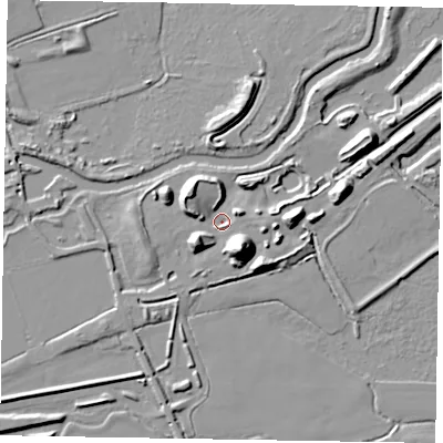 Shaded relief map of the ground around NN60PE, computed from Environment Agency LiDAR. The ground here sits at about 47 m above sea level and falls 21 m across the surrounding 800 m. Surface water reaching this point runs off ground lying to the north-west, 7.0 m higher.