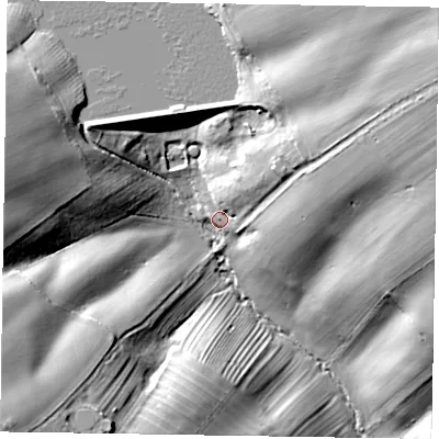 Shaded relief map of the ground around NN60QX, computed from Environment Agency LiDAR. The ground here sits at about 70 m above sea level and falls 35 m across the surrounding 800 m. Surface water reaching this point runs off ground lying to the north-east, 32.3 m higher.