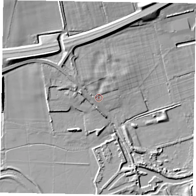 Shaded relief map of the ground around NN60RB, computed from Environment Agency LiDAR. The ground here sits at about 50 m above sea level and falls 11 m across the surrounding 800 m. Surface water reaching this point runs off ground lying to the north-north-west, 4.7 m higher.