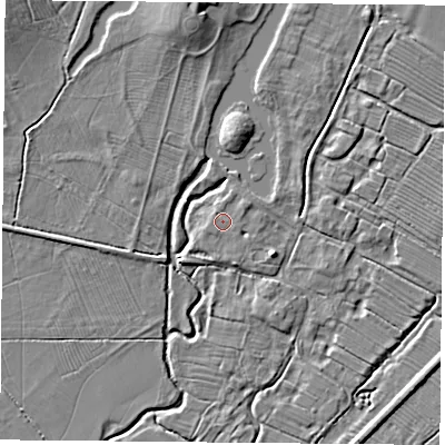 Shaded relief map of the ground around NN66JP, computed from Environment Agency LiDAR. The ground here sits at about 102 m above sea level and falls 7 m across the surrounding 800 m. Surface water reaching this point runs off ground lying to the north-east, 1.0 m higher.