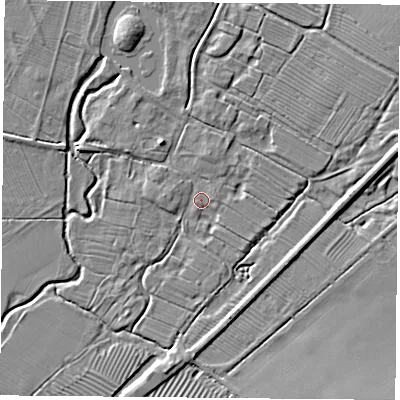 Shaded relief map of the ground around NN66JR, computed from Environment Agency LiDAR. The ground here sits at about 102 m above sea level and falls 7 m across the surrounding 800 m. Surface water reaching this point runs off ground lying to the north-north-east, 1.9 m higher.