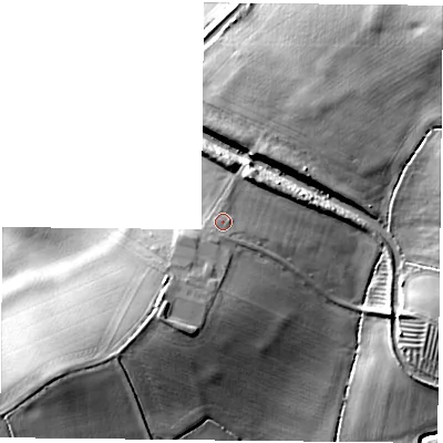 Shaded relief map of the ground around NN66JS, computed from Environment Agency LiDAR. The ground here sits at about 128 m above sea level and falls 22 m across the surrounding 800 m. The ground contributing surface water to this point lies to the east.