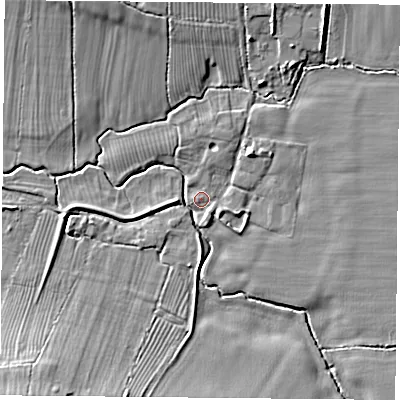 Shaded relief map of the ground around NN66JU, computed from Environment Agency LiDAR. The ground here sits at about 103 m above sea level and falls 10 m across the surrounding 800 m. Surface water reaching this point runs off ground lying to the north-east, 4.0 m higher.