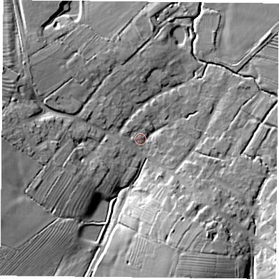 Shaded relief map of the ground around NN66LE, computed from Environment Agency LiDAR. The ground here sits at about 109 m above sea level and falls 15 m across the surrounding 800 m. Surface water reaching this point runs off ground lying to the west, 13.1 m higher.