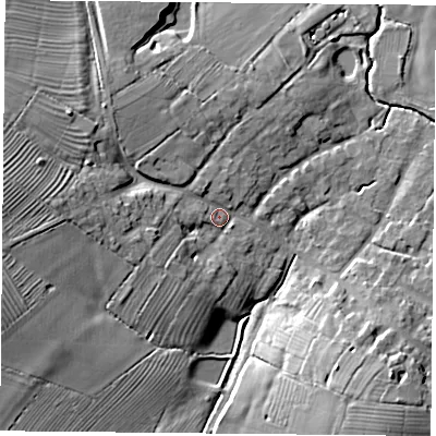 Shaded relief map of the ground around NN66LG, computed from Environment Agency LiDAR. The ground here sits at about 111 m above sea level and falls 18 m across the surrounding 800 m. Surface water reaching this point runs off ground lying to the west-north-west, 12.1 m higher.