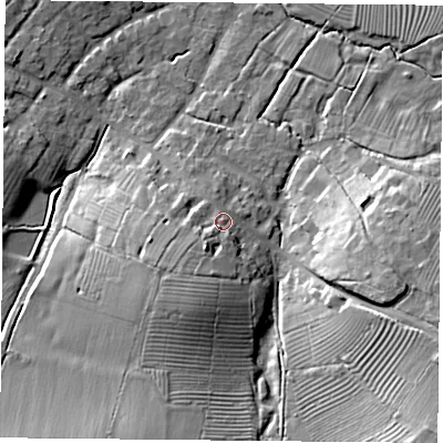 Shaded relief map of the ground around NN66LQ, computed from Environment Agency LiDAR. The ground here sits at about 114 m above sea level and falls 20 m across the surrounding 800 m. Surface water reaching this point runs off ground lying to the south-west, 6.7 m higher.