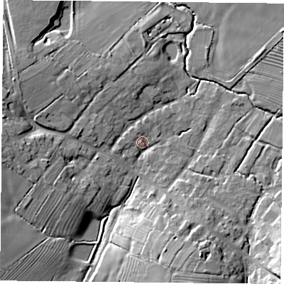 Shaded relief map of the ground around NN66LS, computed from Environment Agency LiDAR. The ground here sits at about 109 m above sea level and falls 16 m across the surrounding 800 m. Surface water reaching this point runs off ground lying to the south-south-east, 12.7 m higher.