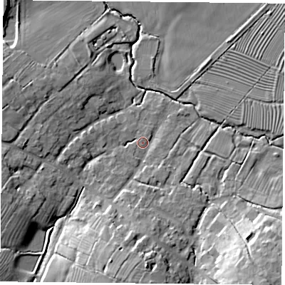 Shaded relief map of the ground around NN66LU, computed from Environment Agency LiDAR. The ground here sits at about 108 m above sea level and falls 20 m across the surrounding 800 m. Surface water reaching this point runs off ground lying to the south-south-west, 12.6 m higher.