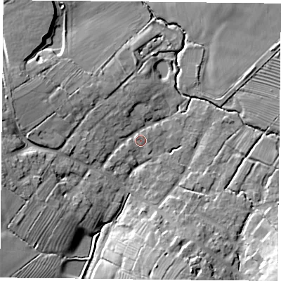 Shaded relief map of the ground around NN66LW, computed from Environment Agency LiDAR. The ground here sits at about 109 m above sea level and falls 16 m across the surrounding 800 m. Surface water reaching this point runs off ground lying to the west, 8.6 m higher.