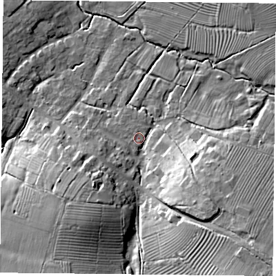 Shaded relief map of the ground around NN66LY, computed from Environment Agency LiDAR. The ground here sits at about 110 m above sea level and falls 21 m across the surrounding 800 m. Surface water reaching this point runs off ground lying to the south-east, 17.0 m higher.