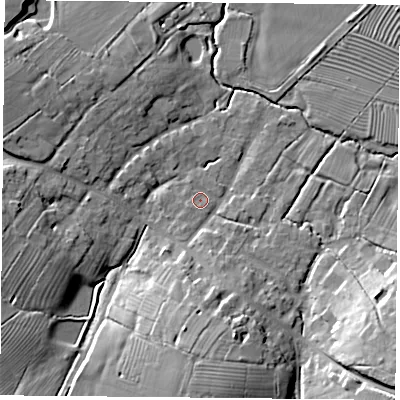 Shaded relief map of the ground around NN66LZ, computed from Environment Agency LiDAR. The ground here sits at about 109 m above sea level and falls 19 m across the surrounding 800 m. Surface water reaching this point runs off ground lying to the south-west, 0.8 m higher.