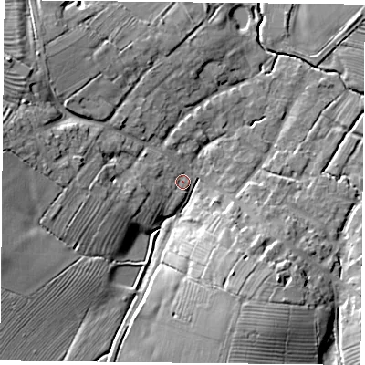 Shaded relief map of the ground around NN66NA, computed from Environment Agency LiDAR. The ground here sits at about 109 m above sea level and falls 15 m across the surrounding 800 m. Surface water reaching this point runs off ground lying to the west-north-west, 13.4 m higher.