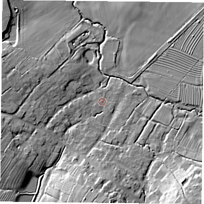 Shaded relief map of the ground around NN66ND, computed from Environment Agency LiDAR. The ground here sits at about 108 m above sea level and falls 18 m across the surrounding 800 m. Surface water reaching this point runs off ground lying to the south, 11.9 m higher.
