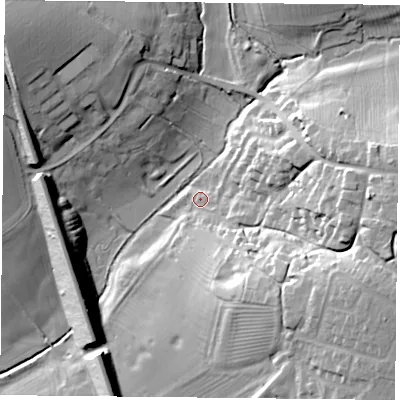 Shaded relief map of the ground around NN66NP, computed from Environment Agency LiDAR. The ground here sits at about 109 m above sea level and falls 37 m across the surrounding 800 m. Surface water reaching this point runs off ground lying to the east-south-east, 34.3 m higher.