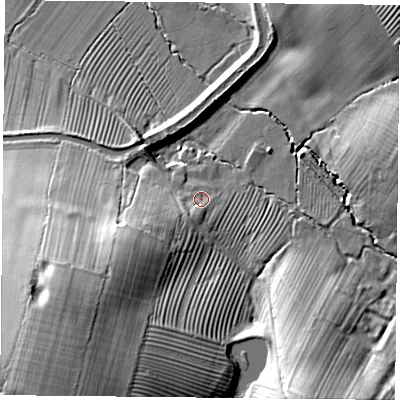 Shaded relief map of the ground around NN66PB, computed from Environment Agency LiDAR. The ground here sits at about 126 m above sea level and falls 35 m across the surrounding 800 m. Surface water reaching this point runs off ground lying to the south-south-west, 6.0 m higher.