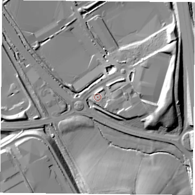 Shaded relief map of the ground around NN67EX, computed from Environment Agency LiDAR. The ground here sits at about 107 m above sea level and falls 20 m across the surrounding 800 m. Surface water reaching this point runs off ground lying to the south-east, 4.1 m higher.