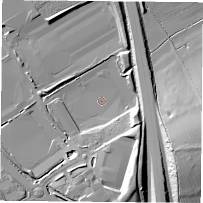 Shaded relief map of the ground around NN67FT, computed from Environment Agency LiDAR. The ground here sits at about 105 m above sea level and falls 23 m across the surrounding 800 m. Surface water reaching this point runs off ground lying to the south-south-east, 16.2 m higher.