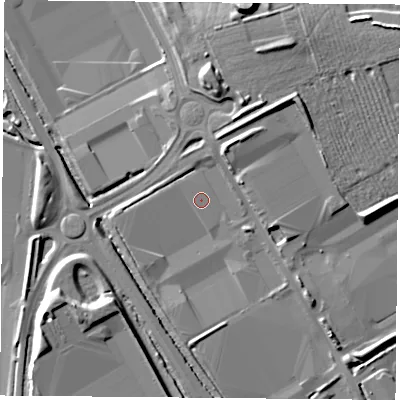 Shaded relief map of the ground around NN67GX, computed from Environment Agency LiDAR. The ground here sits at about 104 m above sea level and falls 18 m across the surrounding 800 m. Surface water reaching this point runs off ground lying to the east-north-east, 1.3 m higher.