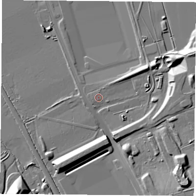 Shaded relief map of the ground around NN67GZ, computed from Environment Agency LiDAR. The ground here sits at about 101 m above sea level and falls 19 m across the surrounding 800 m. Surface water reaching this point runs off ground lying to the north, 0.7 m higher.