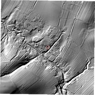 Shaded relief map of the ground around NN67PD, computed from Environment Agency LiDAR. The ground here sits at about 132 m above sea level and falls 32 m across the surrounding 800 m. Surface water reaching this point runs off ground lying to the north-east, 23.0 m higher.