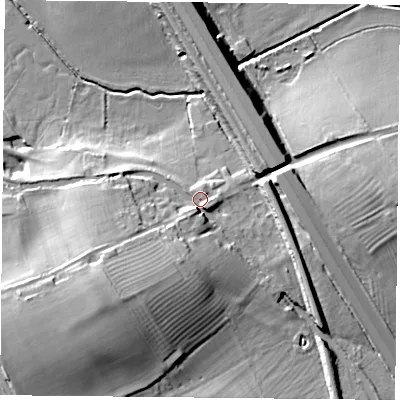 Shaded relief map of the ground around NN67PP, computed from Environment Agency LiDAR. The ground here sits at about 104 m above sea level and falls 33 m across the surrounding 800 m. Surface water reaching this point runs off ground lying to the south-west, 17.0 m higher.