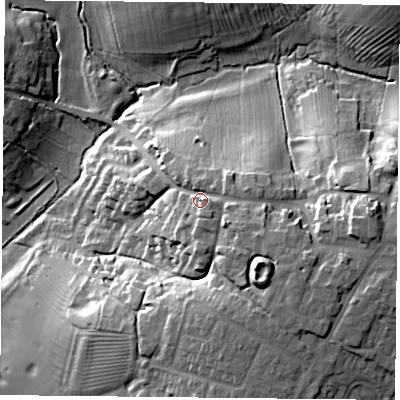 Shaded relief map of the ground around NN67QF, computed from Environment Agency LiDAR. The ground here sits at about 132 m above sea level and falls 36 m across the surrounding 800 m. Surface water reaching this point runs off ground lying to the south-east, 10.0 m higher.