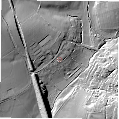 Shaded relief map of the ground around NN67QR, computed from Environment Agency LiDAR. The ground here sits at about 114 m above sea level and falls 32 m across the surrounding 800 m. Surface water reaching this point runs off ground lying to the north, 3.6 m higher.